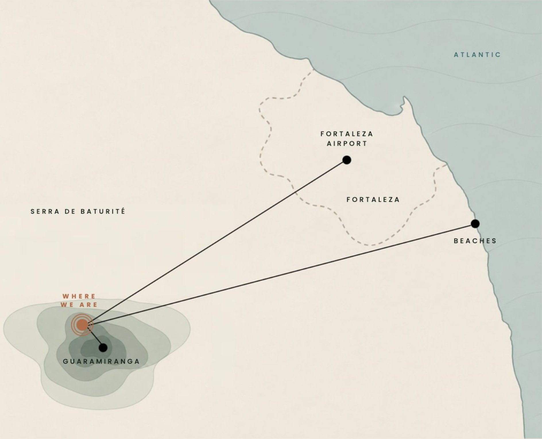 Mapa ilustrado con el dominio cerca de Guaramiranga en la Serra de Baturité y las rutas al aeropuerto de Fortaleza y a las playas